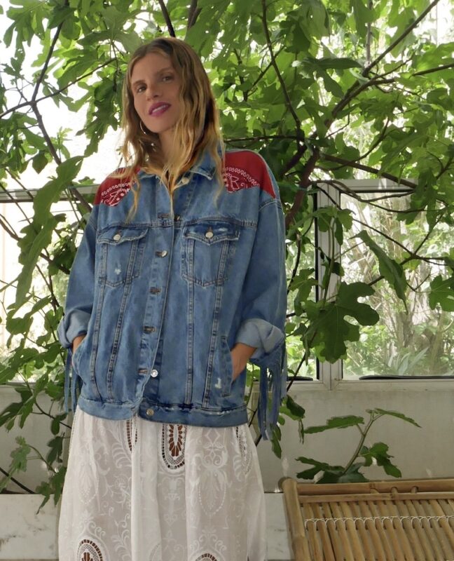 lady with jean shirt and red bandana